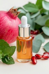Natural skincare serum with pomegranate, mint, and fresh leaves for a healthy glow