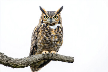 Naklejka premium Great horned owl perched on a branch isolated on white
