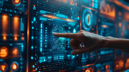 Obraz premium A business professional using biometric authentication to access a secure database, highlighting modern cybersecurity and data protection practices