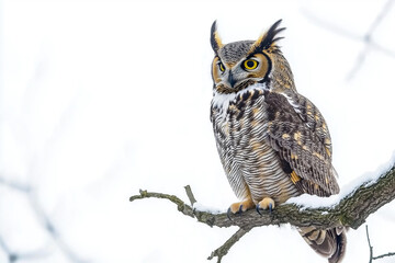 Great horned owl perched on snowy branch in winter
