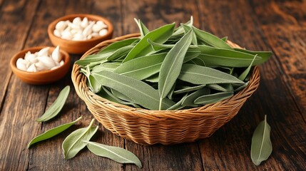 Basket of Olive Leaves with Garlic on a Rustic Wooden Table