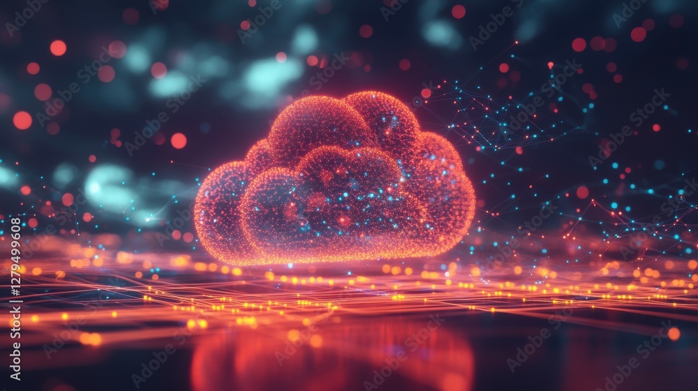 Poster abstract representation of cloud computing with a glowing cloud symbol composed of data and surround