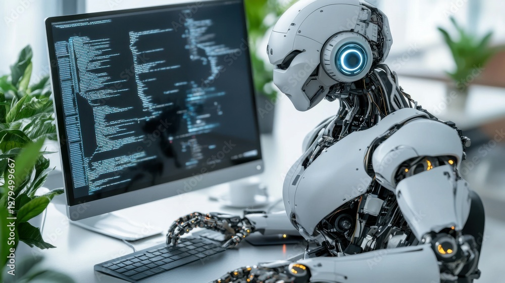 Poster ai robot working on computer