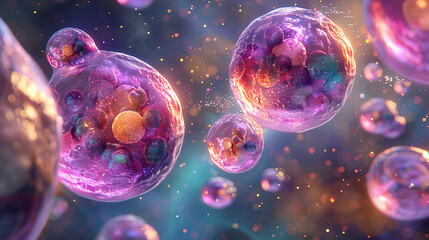 Naklejka premium A digital rendering of hydrogel smart materials interacting with cells, with nanotechnology enabling precise medical applications and healing processes.