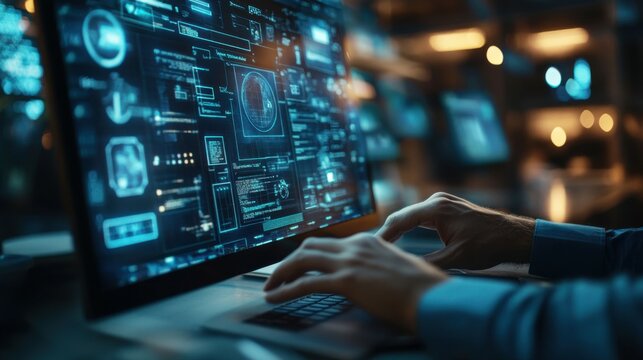 AI prompt chat bot. Search website to generate data, text or image. Man using computer with artificial intelligence app. Virtual assistant in digital creative work. Content generator technology.