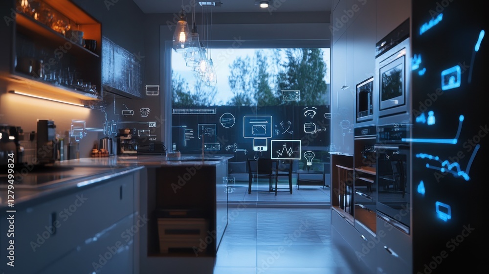 Poster illustrate the concept of the internet of things with an image of a smart home, featuring various co
