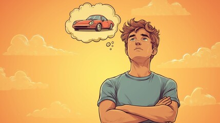 Young Man Dreaming of a Sports Car in a Cartoon Illustration