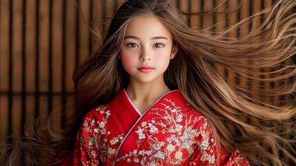 Fototapeta premium Graceful Girl in Kimono with Flowing Hair Against Wooden Background