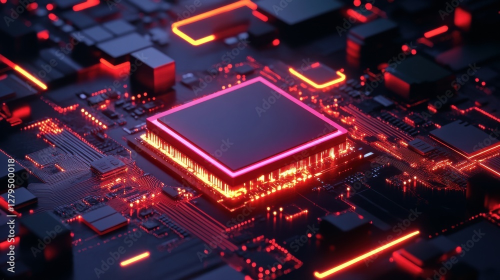 Poster futuristic ai chip with neon lights and digital data stream