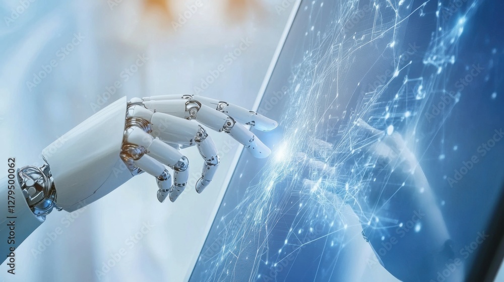 Poster ai, machine learning, hands of robot and human touching on big data network connection, data exchang