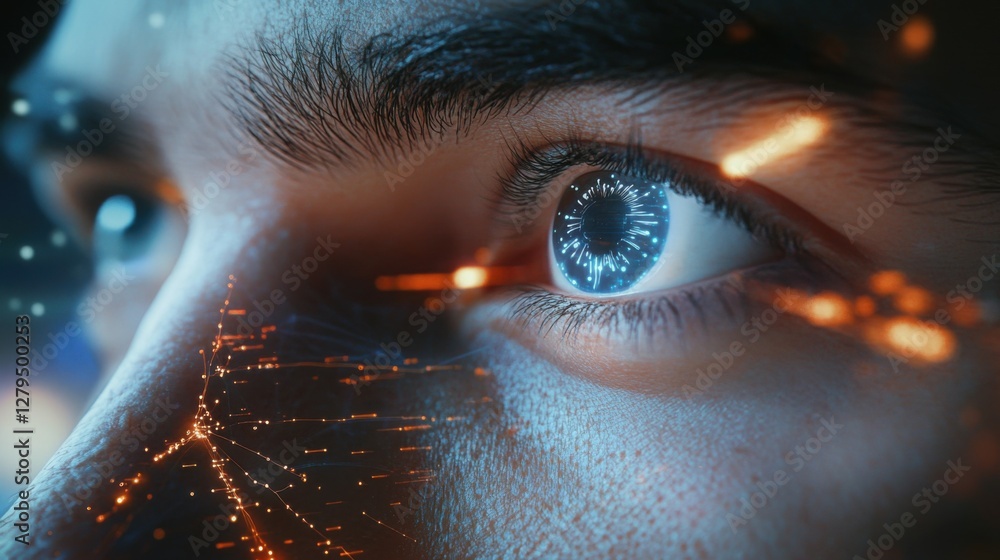 Poster eyes of focused male it specialist analyzing complex data streams, surrounded by augmented reality h