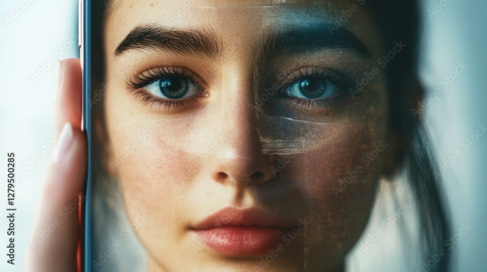 Poster deep fake. deepfake ai photo or video in phone. face swap. artificial intelligence edit to picture. 