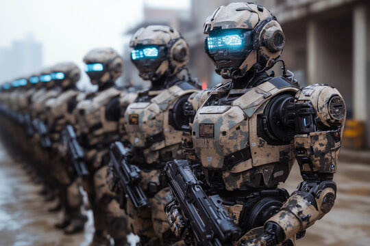 Military robots in combat formation