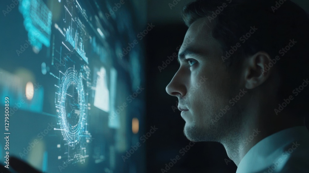 Poster a close-up of a business professional using ai-powered analytics software to enhance business decisi