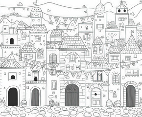 Obraz premium A cozy village celebrating Easter with banners, coloring page for kids, simple outline illustration. Coloring book.