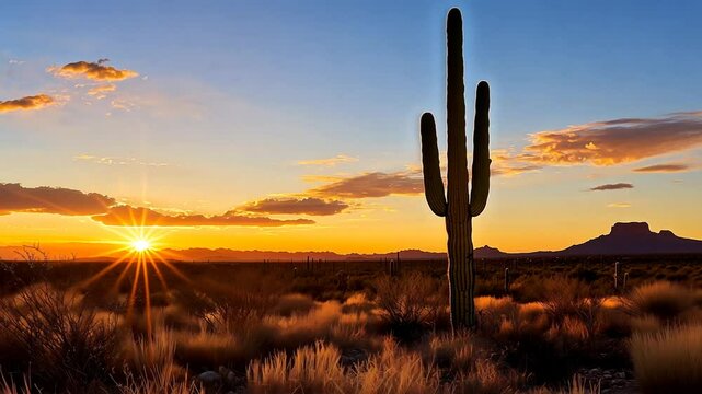 Resilient saguaro cactus at sunset symbolizing strength and perseverance, illustrating desert landscapes, natural endurance, survival, inspiration and majestic scenery