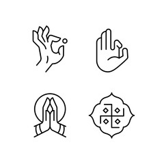 Buddhism icons. Set of 4 Buddhism-themed trendy minimal icons. Buddha, Lotus, Mala Beads icon. Design signs for web page, mobile app, packaging design. Vector illustration