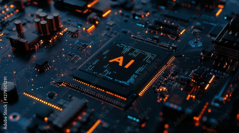 Poster motherboard with ai written on it. concept ai (artificial intelligence) technology, chip ic on pcb, 