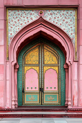Obraz premium A highly detailed and realistic photograph of the entrance door of a mosque in India, featuring intricate geometric patterns, arabesque designs and ornate carvings. The door should be depicted with ri