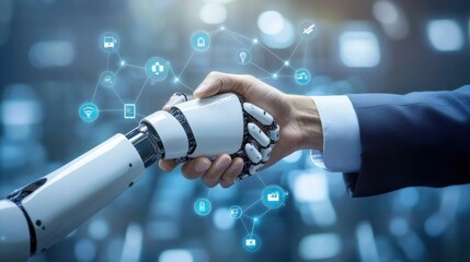 A robotic hand and a human hand meeting in a handshake, with digital transformation icons floating around them, symbolizing AI-driven collaboration. photo