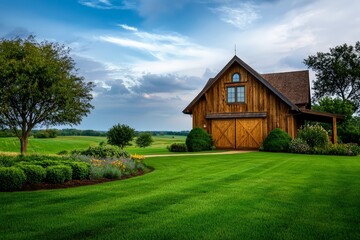 Obraz premium Rustic Farmhouse with Barn Style Doors and Gabled Roof