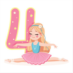Pretty ballerina girl in pink and blue dress doing the splits with number 4 on white background. Ballerina with number 4. Vector illustration in flat cartoon style