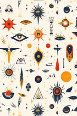 Mystical ancient prophecy symbols on light cream background design