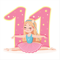 Pretty ballerina girl in pink and blue dress doing the splits with number 11 on white background. Ballerina with number 11. Vector illustration in flat cartoon style