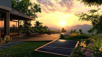 Obraz premium Sunset Serenity, Modern Eco-Friendly Home with Solar Panel