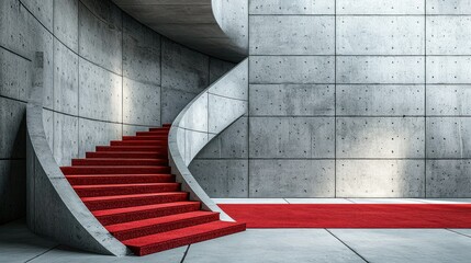Obraz premium Modern concrete spiral staircase with red carpet, empty interior