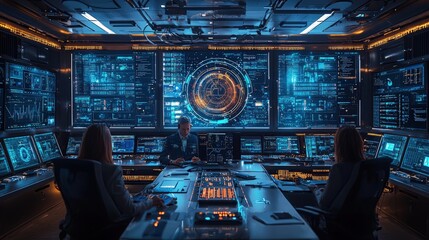 Technology control room with three people working on monitors