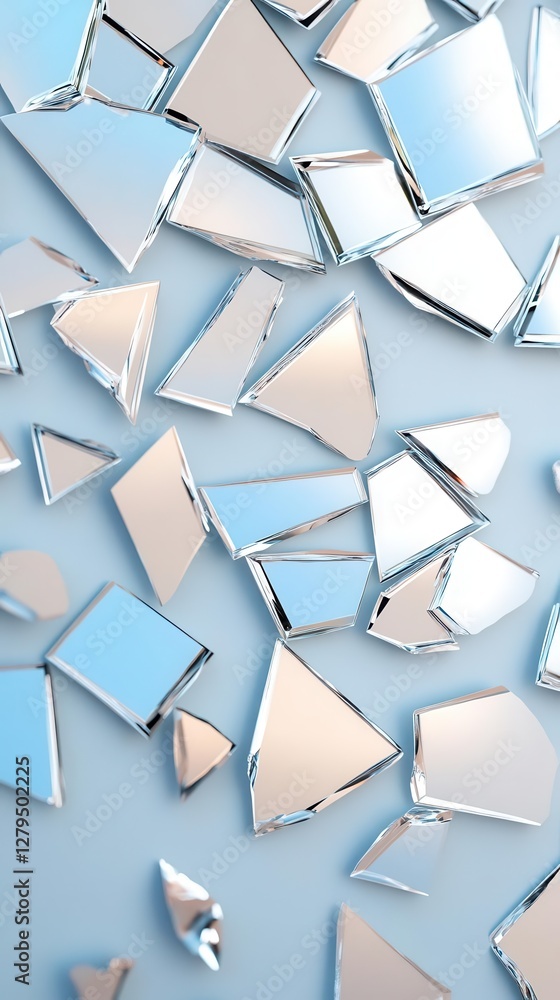 Poster shattered mirror fragments carefully arranged to create a structured yet chaotic composition, leavin