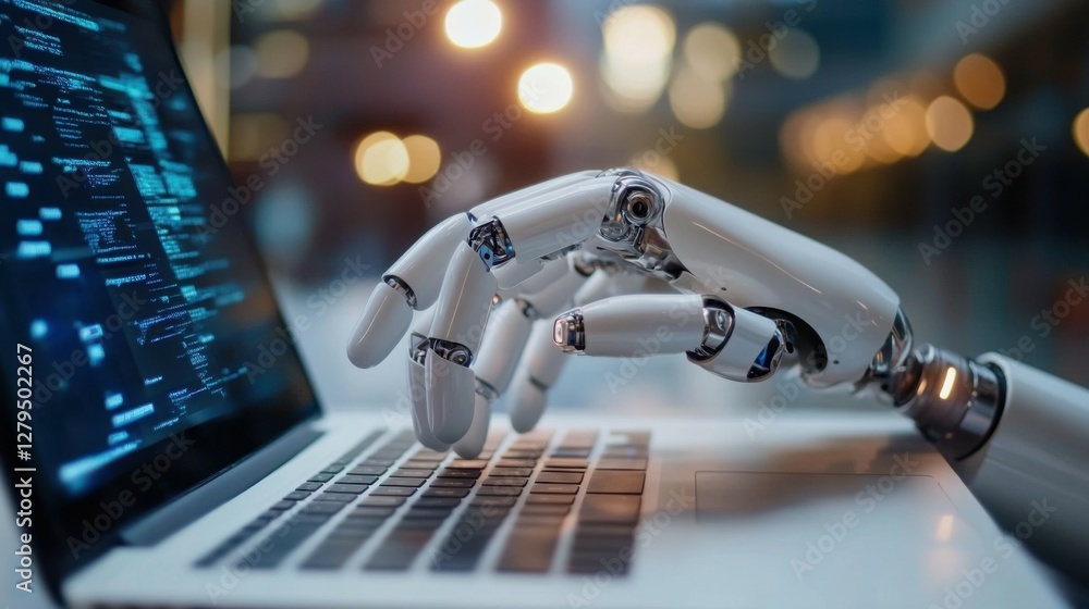 Poster man using laptop for searching of technology smart open ai or artificial intelligence using an artif