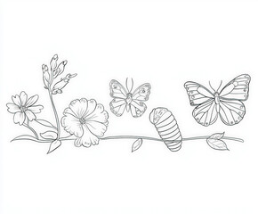 Fototapeta premium A scene showing the life cycle of a butterfly, coloring page for kids, simple outline illustration. Coloring book.