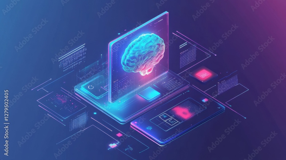 Poster ai learning and artificial intelligence concept - icon graphic interface showing computer, machine t