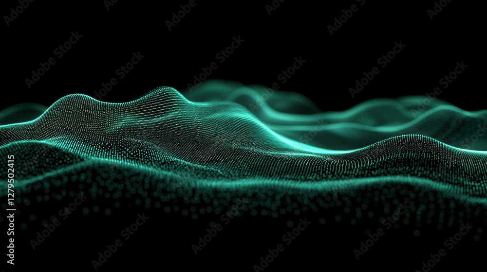 Poster flowing dots particles wave pattern 3d curve halftone blue green gradient curve shape isolated on bl