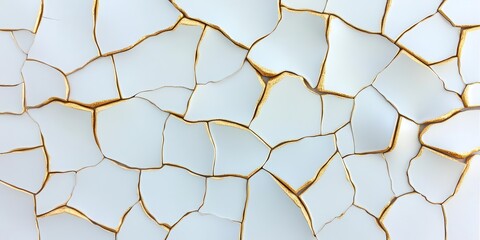 Shattered clay tiles with glistening gold veins, echoing the ancient art of Kintsugi, creating striking contrast and unique voids.