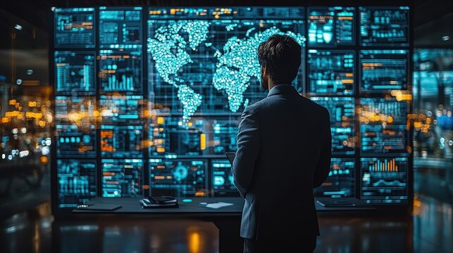 A man is analyzing a global map on a display screen - Powered by Adobe