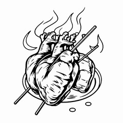 Peruvian Anticuchos Grilled Beef Heart Skewers A Smoky and Spicy Dish Black Outline Vector Illustration