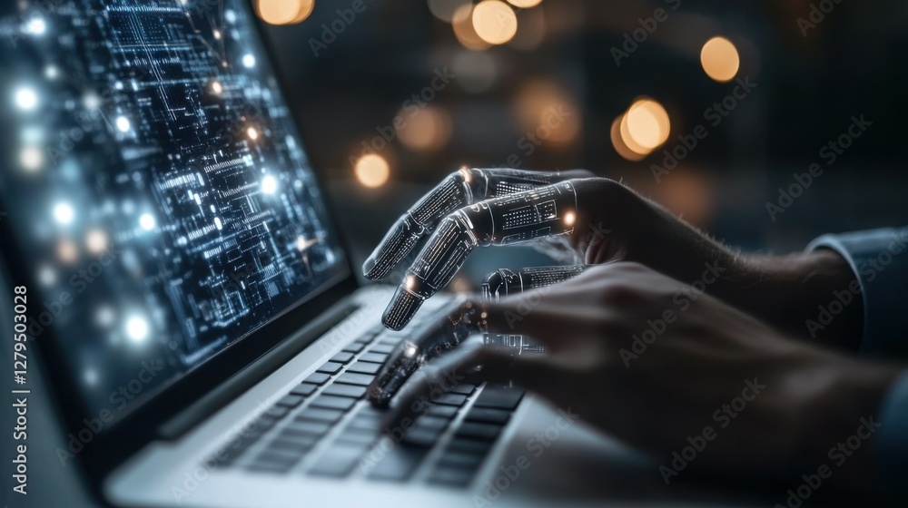 Poster artificial intelligence content generator. a man uses a laptop to interact with ai assistant. ai off