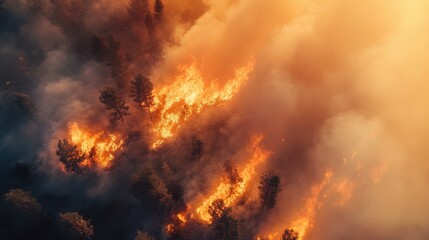 Aerial view of massive wildfire or forest fire with burning trees and orange smoke