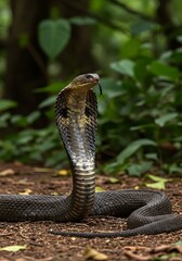 Fototapeta premium A massive king cobra rises in a dense jungle, its hood fully spread as it scans its surroundings. Its dark scales shimmer in the humid air, while its forked tongue flickers, sensing movement