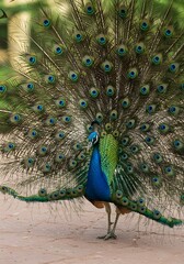 Obraz premium An elegant Indian peacock fans out its iridescent tail in a majestic palace garden. Its vivid blue and green plumage shimmers in the sunlight, revealing breathtaking eye-like patterns