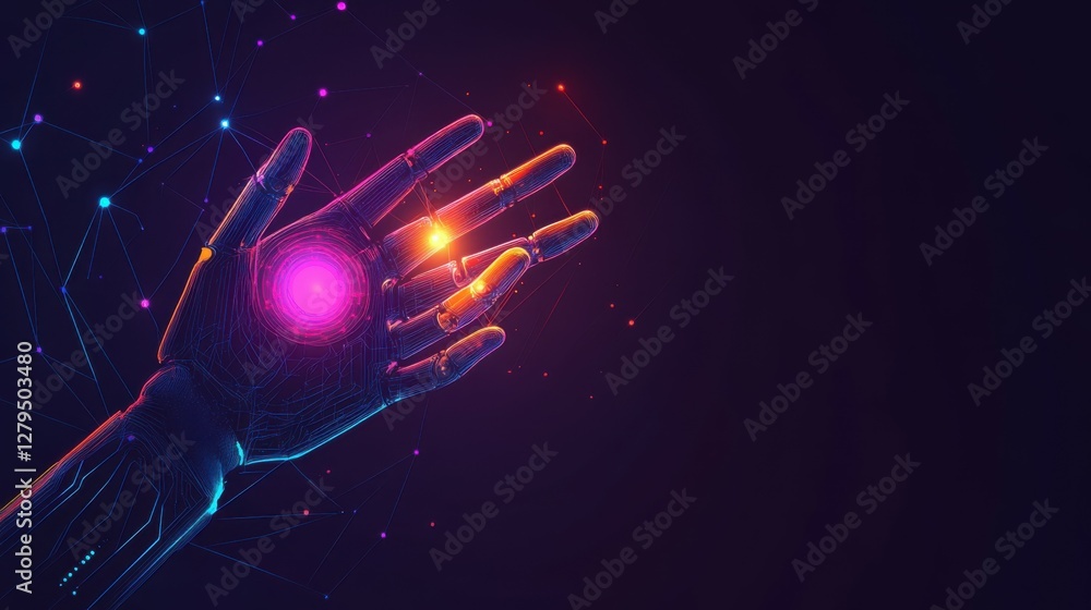 Poster ai, machine learning, hands of robot and human touching on big data network connection, data exchang