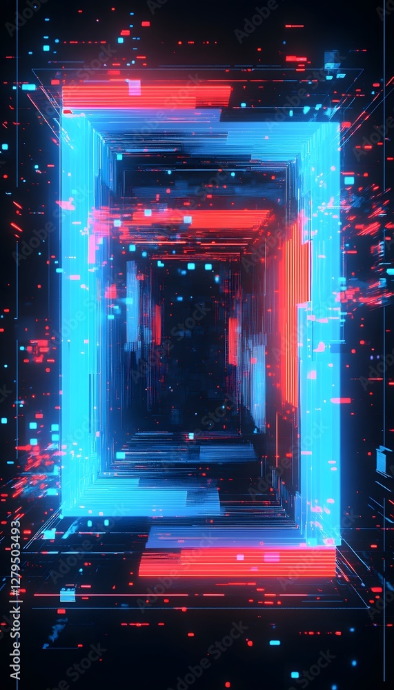 Poster digital abstract image depicting a technological tunnel of light