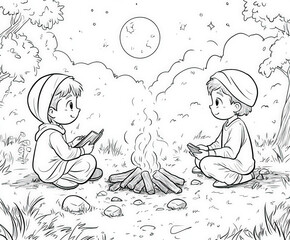 Children sharing stories about Ramadan around a campfire, coloring page for kids, simple outline illustration. Coloring book.