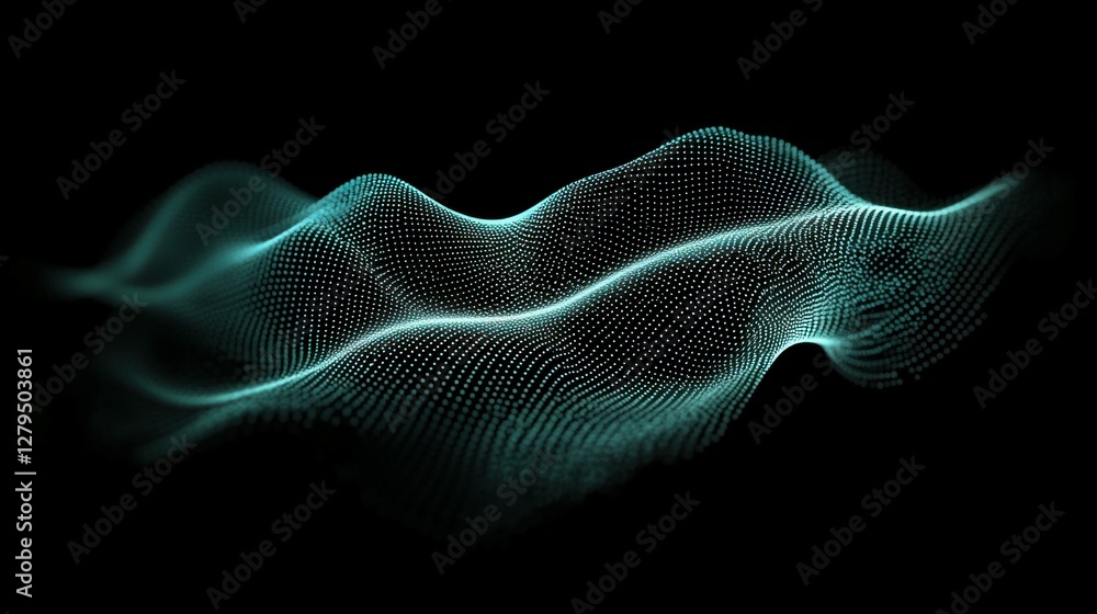 Poster flowing dots particles wave pattern 3d curve halftone blue green gradient curve shape isolated on bl