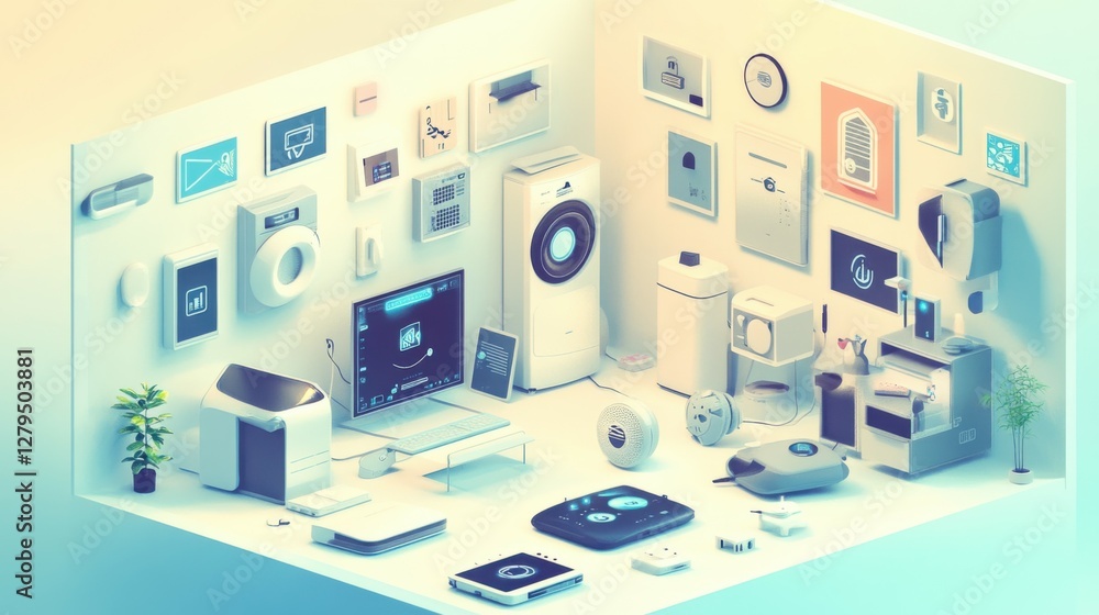 Poster illustrate the concept of the internet of things with an image of a smart home, featuring various co