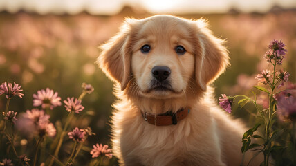Adorable Golden Retriever Puppy Sitting in a Colorful Flower Field