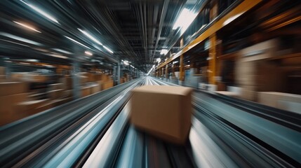 Fast-Paced Cardboard Box Journey Through a Modern Warehouse